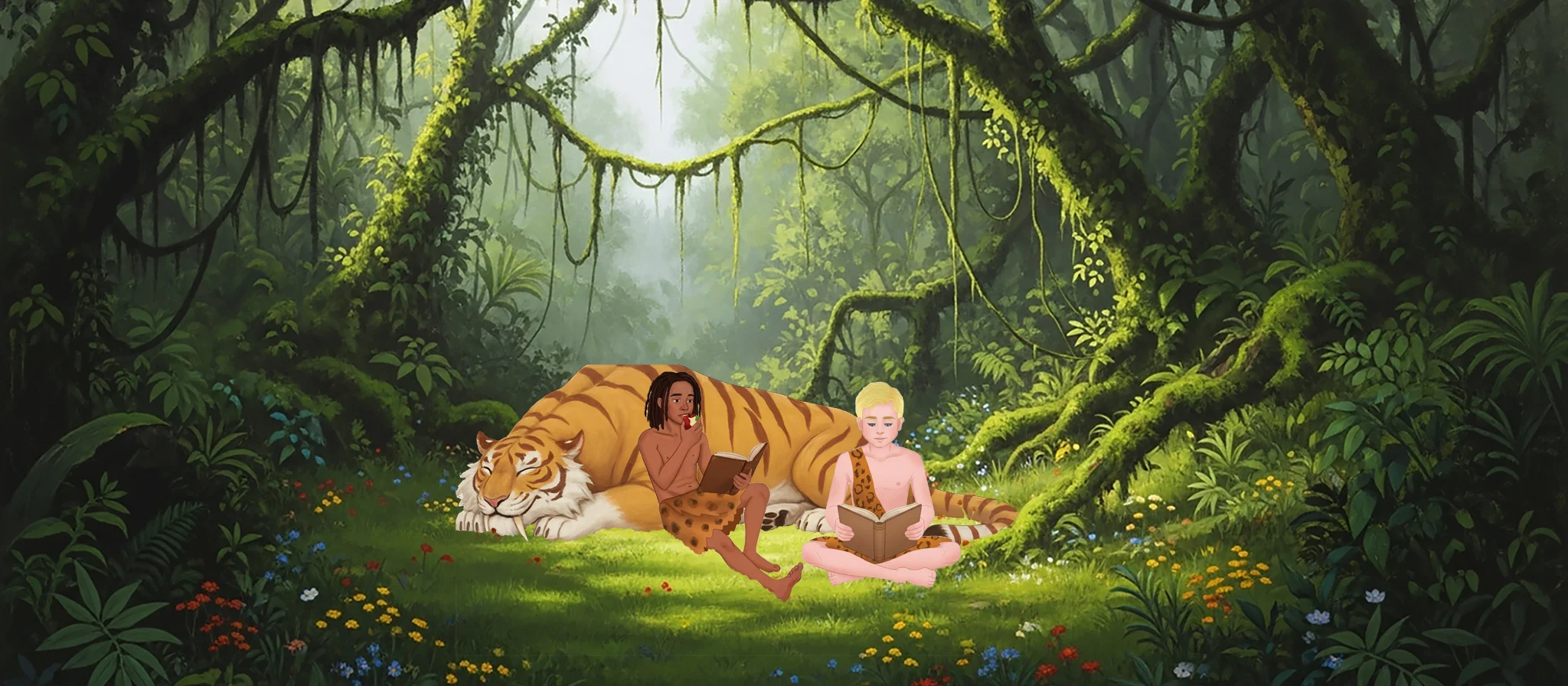 Two kids reading books beside a sleeping tiger in a jungle clearing